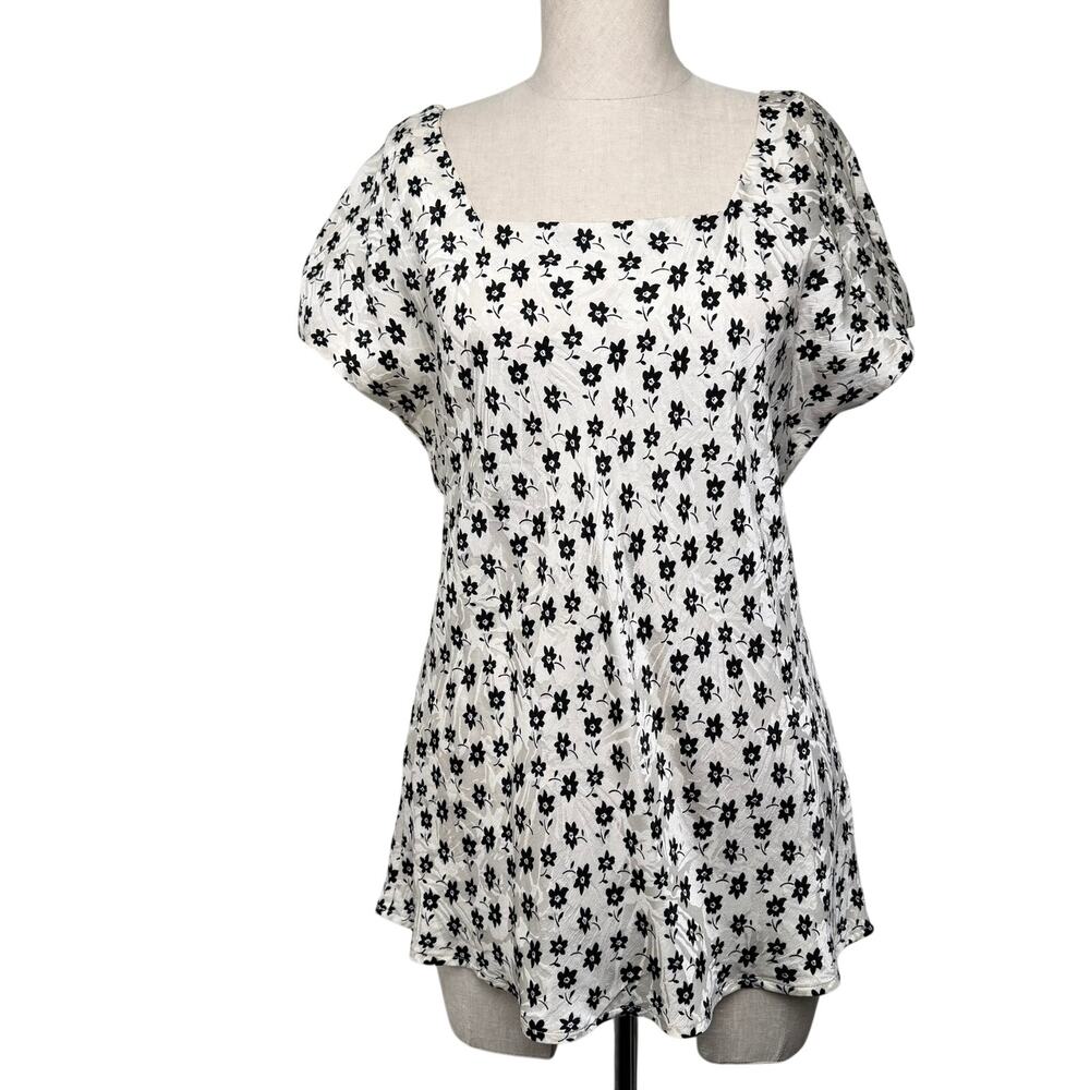 Vintage Blassport by Bill Blass Floral Silk Jacquard Blouse Black Ivory Sz 14